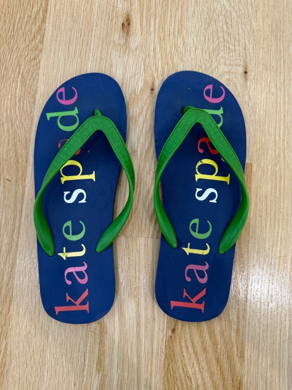 kate spade Navy Flip Flops with Bright Green Straps and Multicolor Logo